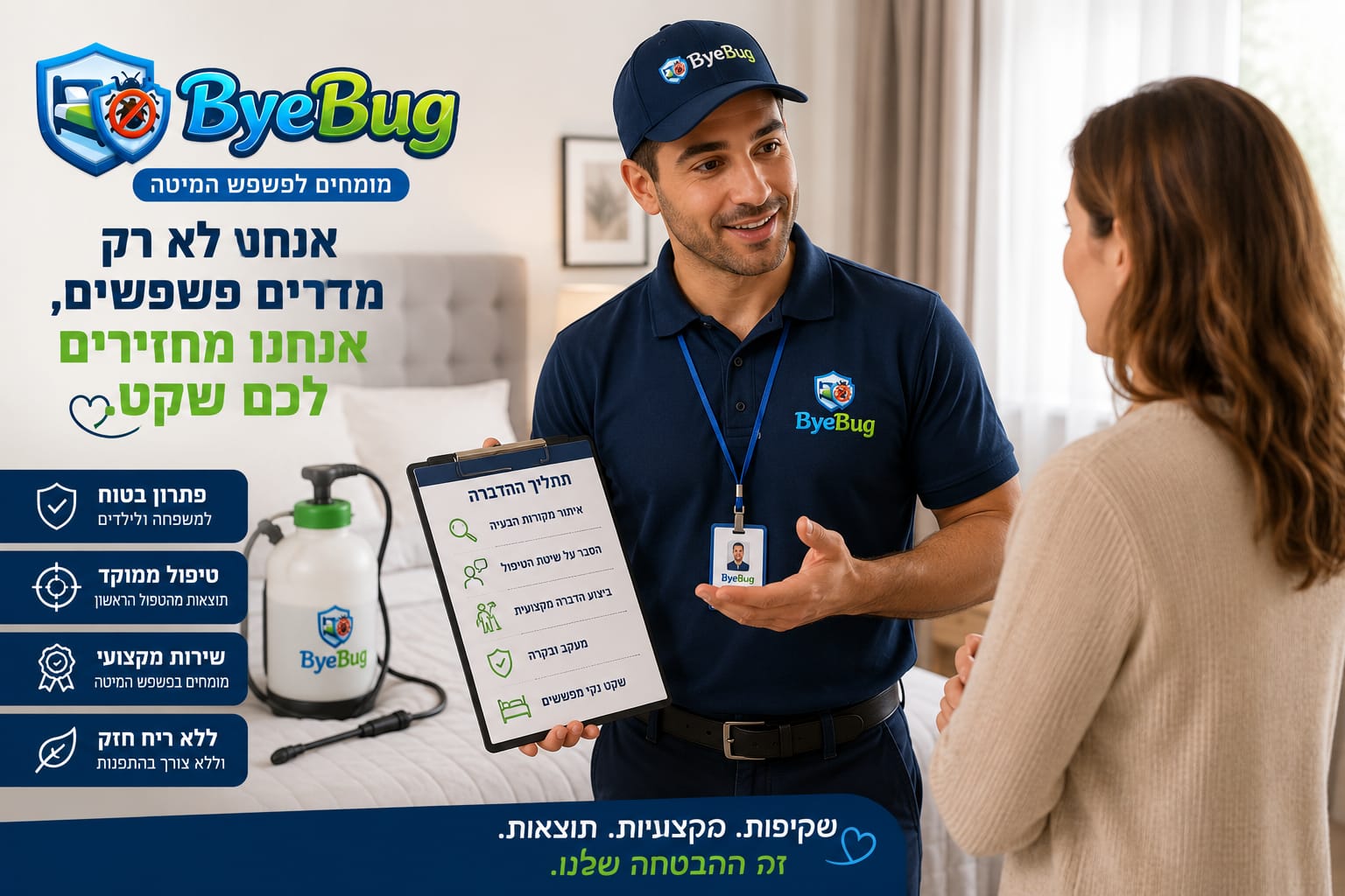טכנאי ByeBug מסביר ללקוח את תהליך ההדברה